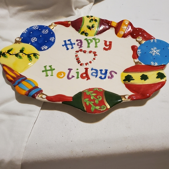 Ceramic Christmas "Happy Holidays" Platter With Festive Colorful Ornaments New - Picture 1 of 3
